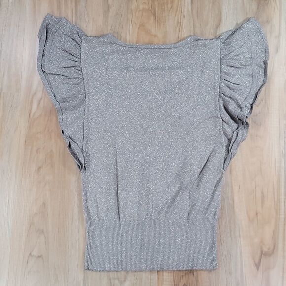🔹️Express Taupe & Gold Shimmery Ruffle Sleeve Vneck Sweater Medium - Picture 2 of 9